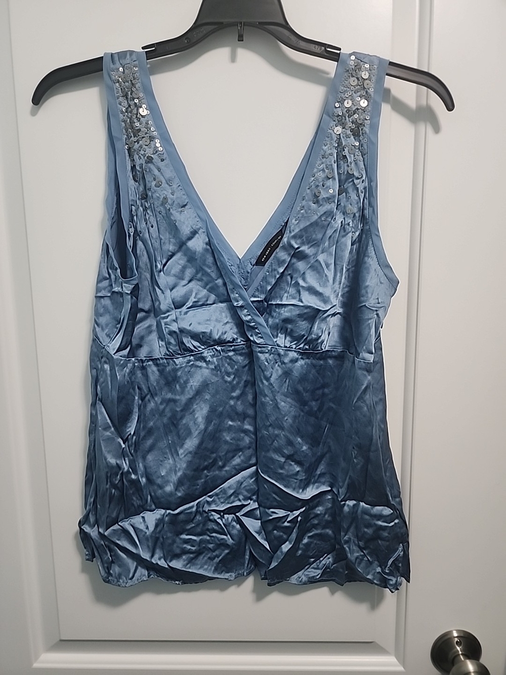 New York & Company Slate Blue Satin V-Neck Sequin Strap Camisole